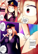 breasts drawing giantess blonde comic color large_breasts clothed cleavage red_eyes short_hair hand shrunken_man fingers hat choker smothering dialogue panels pinch handled cleavage_window my_hero_academia between_breasts camie_utsushimi feelax katsuki_bakugo nude_tiny
