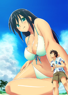 bikini giantess black_hair long_hair beach cleavage anime green_eyes brunette teston looking_down sand clouds outdoors sky trees looking_at_viewer semi_nude bare_legs bare_midriff bare_thighs