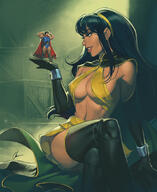 drawing gentle small_man black_hair color long_hair handheld cleavage yellow_eyes smiling gloves sitting hand palm shrunken_man indoors black_gloves cape belt bracelet semi_nude hairband handled sitting_on_floor looking_at_tiny dc_comics bare_midriff chuckartt doll_man phantom_lady