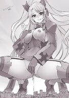 breasts drawing nipples giantess pussy giga masturbation city monochrome long_hair cum buildings seo_tatsuya topless gloves squatting twintails looking_down outdoors dripping looking_at_viewer semi_nude censor azur_lane prinz_eugen lick_lips akridhunter