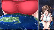 drawing giantess crush earth space color butt destruction clothed planet ochiko_terada butt_crush brunette yellow_eyes smiling sitting shorts looking_at_viewer stars bare_legs sitting_on_planet bare_thighs terra