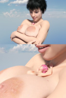breasts nipples gentle giantess nude black_hair large_breasts blue_eyes huge_breasts fairy topless smiling pink_hair elf short_hair lesbians shrunken_woman looking_down clouds outdoors sky sideboob looking_at_tiny pointed_ears digital_render bare_midriff bikdingle between_breasts nude_tiny