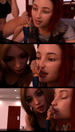 gentle white_hair size_difference blonde comic color blue_eyes clothed sequence yellow_eyes smiling lips red_hair short_hair kissing shrunken_woman giantesses indoors looking_at_tiny digital_render skvizgar web_comic