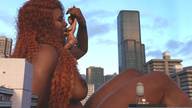 breasts nipples giantess nude city mega long_hair tongue licking handheld buildings brunette topless multiple_sizes mini_giantess sitting hand lesbians collar giantesses dangle dark_skin clouds outdoors sky mouth_play curly_hair sideboob bare_butt handled bare_legs bare_midriff relisys66 bare_thighs