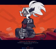 drawing giantess white_hair crush horns tail color butt clothed butt_crush smiling hell dialogue rear_view glowing_eyes grey_skin smirking sitting_on_tiny helltaker lewdssonk knarfdarf judgement_(helltaker)