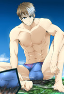 drawing giga city color giant male toes barefoot buildings soles brunette topless smiling short_hair sitting bulge looking_down mountains river speedo clouds outdoors sky freckles bare_legs bare_midriff looking_at_tinies kuroshinki bare_thighs xord