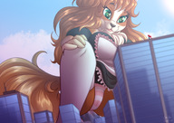 breasts drawing nipples giantess nude pussy panties furry macro blushing tail city mega upskirt dog blonde color long_hair skirt buildings green_eyes smiling squatting looming looking_down maid_uniform clouds outdoors sky striped_panties charlie looking_at_tiny bare_legs smirking sugaryviolet bare_thighs kal278