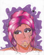 drawing color mouth brown_eyes smiling lips pink_hair short_hair unknown_artist shrunken_man soft_vore freckles source_needed no_background nude_tiny