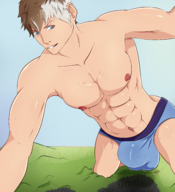 drawing giga city mega color giant blue_eyes buildings topless underwear smiling bulge looming speedo outdoors sky semi_nude bare_legs smirking bare_midriff human bare_thighs gasaiv xord muscular_male