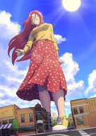 drawing gentle giantess city color long_hair blue_eyes clothed skirt shoes smiling red_hair dress looming looking_down sneakers clouds outdoors sky sunny sweater nail_polish zerohour99 looking_at_tinies samarkana buildilngs hailey