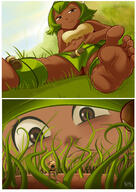 drawing feet color barefoot pubic_hair brown_eyes green_hair short_hair sitting unaware shrunken_woman grass clouds outdoors sky commission semi_nude evangelyne wakfu amalia hair_forest bare_midriff kisparlius sitting_on_ground arris
