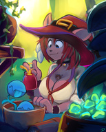 breasts drawing micro furry cat color large_breasts clothed fantasy cleavage tiny shrunken ducky red_hair short_hair garden hat choker bracelet plants cleavage_window between_breasts gardening