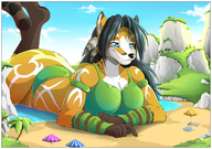 bikini drawing gentle giantess furry tail mega dog black_hair color large_breasts long_hair blue_eyes beach barefoot cleavage water smiling paws kisha lying_down looking_down sand clouds outdoors sky palm_tree s2-freak semi_nude bare_butt paw_pads labbeh bare_legs dog_ears beach_towel bare_midriff beach_umbrella bare_paws