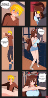 breasts drawing giantess feet tail comic color long_hair clothed soles red_eyes angry brunette high_angle fox_ears fox_tail surprised hand shorts kitsune shrunken_man shrunken_person indoors fox_girl dialogue handled oc bare_legs nightingale122 large leon_takayashi kwaiigts