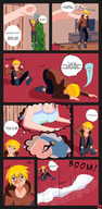 breasts drawing giantess feet comic color clothed cleavage soles brunette fox_ears fox_tail socks hand shorts kitsune shrunken_man shrunken_person indoors smothering dialogue handled oc bare_legs nightingale122 large leon_takayashi kwaiigts