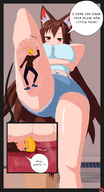 breasts drawing giantess crush feet tail color long_hair clothed toes barefoot soles brunette sweat fox_ears fox_tail foot_crush pink_eyes shorts kitsune shrunken_man shrunken_person indoors under_foot smothering oc bare_legs bare_midriff nightingale122 large yua leon_takayashi kwaiigts