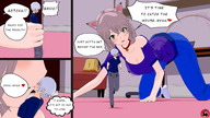 drawing giantess tail comic color large_breasts clothed handheld cleavage cat_ears yellow_eyes socks short_hair kissing hand collar shrunken_man cat_girl shrunken_person indoors all_fours grey_hair choker bedroom looking_at_viewer dialogue white_socks handled oc kwaiigts