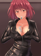 breasts drawing giantess color cum clothed cleavage red_eyes domination pink_hair short_hair shrunken_man looking_down female_domination shrunken_person japanese_text smothering breast_squeeze looking_at_tiny between_breasts nude_tiny