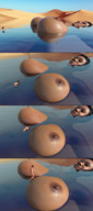 breasts nipples giantess nude size_difference black_hair color large_breasts water wet huge_breasts desert topless tiny smiling lying_down sand swimming swim lake dark_skin outdoors sky floating relaxing in_water digital_render riojafan bare_midriff oasis nude_tiny