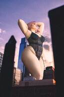 giantess collage city mega color cleavage buildings pink_hair short_hair clouds outdoors sky sunset bare_legs tekitocreations bare_thighs
