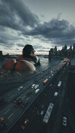 giantess collage city mega color long_hair water buildings wet street river vehicles clouds outdoors sky semi_nude in_water rear_view london_andrews tekitocreations