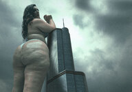 giantess mega long_hair buildings brunette clouds outdoors sky looking_back looking_at_viewer semi_nude bare_butt rear_view bare_legs tekitocreations bare_thighs