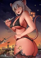 drawing giantess blushing tail city mega color water buildings topless brown_eyes smiling short_hair hand explosion looking_down jets boats clouds outdoors sky grey_hair sunset ships mouse_girl hank88 semi_nude in_water handled mouse_ears bare_legs bare_midriff looking_at_tinies kkasi00 bare_thighs