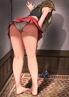 drawing panties upskirt color long_hair blue_eyes clothed barefoot brunette looming shrunken_man looking_down indoors white_panties rear_view looking_at_tiny bare_back bare_legs bare_midriff kkasi00 bare_thighs
