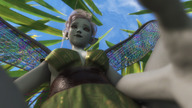 micro wings color clothed handheld fairy low_angle smiling shrunken pink_hair dress hand pink_eyes looking_down grass clouds outdoors sky point_of_view insect looking_at_viewer green_skin looking_at_tiny pointed_ears digital_render cleavage_window mundogts tinier_than_tiny ouleen