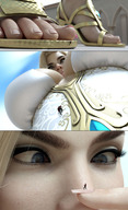 feet blonde comic color large_breasts blue_eyes clothed toes cleavage finger climbing angry goddess low_angle shrunken sandals underboob hand face shrunken_man looking_down close_up body_exploration clouds outdoors sky nail_polish boomgts on_finger looking_at_tiny digital_render on_nail