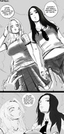 drawing comic monochrome long_hair clothed handheld finger shrinking low_angle shrunken_man looking_down looking_up point_of_view dialogue perspective on_finger looking_at_tiny lassic annahketsuno grayscale humiliated