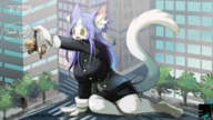 drawing gentle giantess furry macro tail cat size_difference city mega color long_hair clothed handheld barefoot playful buildings purple_hair cat_ears yellow_eyes street hand office goat dangle outdoors between_fingers trees handled bare_legs kindaichi109 bare_thighs bare_paws ina_ba_ya