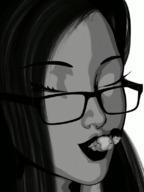 giantess vore long_hair mouth glasses mouthplay lips animation sucking soft_vore prey closed_eyes struggling no_background digital_render nude_tiny