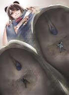 drawing color blue_eyes clothed brunette domination low_angle smiling sandals cruel dirty dirty_soles under_foot point_of_view taped_down under_sandal tabi_socks no_background smirking miaokong