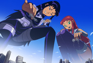 breasts drawing giantess panties giga city mega upskirt alien black_hair color large_breasts long_hair armor destruction clothed rampage skirt buildings green_eyes purple_hair purple_eyes teen_titans red_hair starfire boots giantesses clouds outdoors crouching sky top belt pinched dc_comics orange_skin thedaibijin bare_legs bare_midriff blackfire