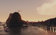 giantess giga city color long_hair water buildings brunette lying_down river clouds looking_up outdoors sky semi_nude barbara_palvin digital_render render-farmer budapest hungary