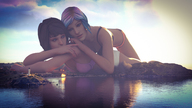 giantess color water ocean blue_hair brunette island pink_hair lying_down short_hair lesbians giantesses clouds outdoors sky semi_nude digital_render render-farmer