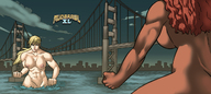 drawing nipples giantess blonde color long_hair bridge blue_eyes water angry brunette topless ponytail fighting giantesses river clouds night outdoors sky sideboob wavy_hair giantessfan bare_butt in_water bare_back bare_legs bare_midriff bare_thighs mudbrawl_xl
