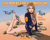 drawing blonde color long_hair swimsuit destruction blue_eyes beach barefoot cleavage ocean helicopter military tank smiling gloves sand vehicles outdoors nail_polish looking_at_viewer semi_nude barbara_palvin white_gloves bare_legs spuski bare_thighs
