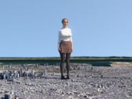 giantess giga city blonde color clothed skirt buildings shoes japan uniform river tokyo outdoors sky emma looking_at_viewer digital_render emma-gts