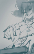 giantess micro monochrome long_hair shrinking low_angle smiling shrunken witch hand animation looking_down magic hat book no_background looking_at_tiny kononiko spellbook smirking grayscale smaller tome