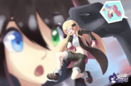 drawing blonde black_hair color long_hair blue_eyes clothed handheld glasses green_eyes red_eyes pink_hair gloves hand shrunken_woman dangle black_gloves hanging_on heterochromia foreshortening gamefreakdx bare_midriff blurred_distance mini_girl flarehabanero sega_hard_girls