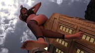 nipples city mega blonde color long_hair barefoot buildings low_angle sitting clouds outdoors sky closed_eyes sideboob bare_butt sitting_on_building digital_render bare_back bare_midriff velocity-vektor bare_thighs semi-nude giatness