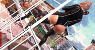 giantess white_hair city mega blonde color blue_eyes clothed high_heels buildings street kick wrestle giantesses clouds outdoors sky digital_render velocity-vektor