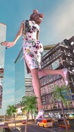 city color clothed skirt high_heels buildings pink_hair street short_hair vehicles clouds sky nail_polish rear_view digital_render hair_bun bare_legs velocity-vektor giantesse megs
