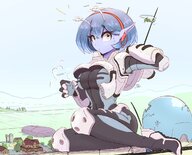 drawing gentle giantess mega alien color large_breasts armor destruction clothed buildings helicopter seo_tatsuya green_eyes blue_hair sweat story gloves short_hair boots sitting surprised blue_skin farm barn mountains houses outdoors semi_truck road power_lines hairband helmet windmill spacesuit sound_effects pointed_ears silo full_body_suit antennae skintight_clothing accidental_destruction sweat_drop looking_at_tinies ncmares yohomeboync yohomeboyraps
