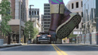 giantess crush horns city large_breasts butt destruction clothed butt_crush pink_hair boots black_eyes animation outdoors sky digital_render raised_butt my_hero_academia mina_ashido bulidings scrag_boy