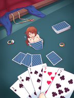 breasts drawing nude color large_breasts long_hair cleavage shrinking brunette topless high_angle yellow_eyes red_hair table shrunken_woman game indoors jewelry point_of_view cards orange_hair playing_cards panicking inksgirls nude_tiny poker
