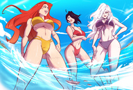 bikini breasts drawing giantess white_hair giga city mega black_hair color large_breasts long_hair swimsuit blue_eyes barefoot cleavage ocean buildings green_eyes smiling asian red_hair short_hair underboob airplane looking_down waves giantesses clouds outdoors sky ships looking_at_viewer semi_nude hands_on_hips orange_hair wading angelgts mary_jane black_cat bare_legs spider-man marvel_comics bare_midriff felicia_hardy yuri_watanabe bare_thighs