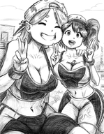 breasts drawing city monochrome large_breasts long_hair clothed cleavage buildings sweat smiling twintails shorts entrapment giantesses clouds outdoors sky hat closed_eyes cleavage_window bare_midriff clothing_entrapment between_breasts artclonov grayscale shorts_entrapment